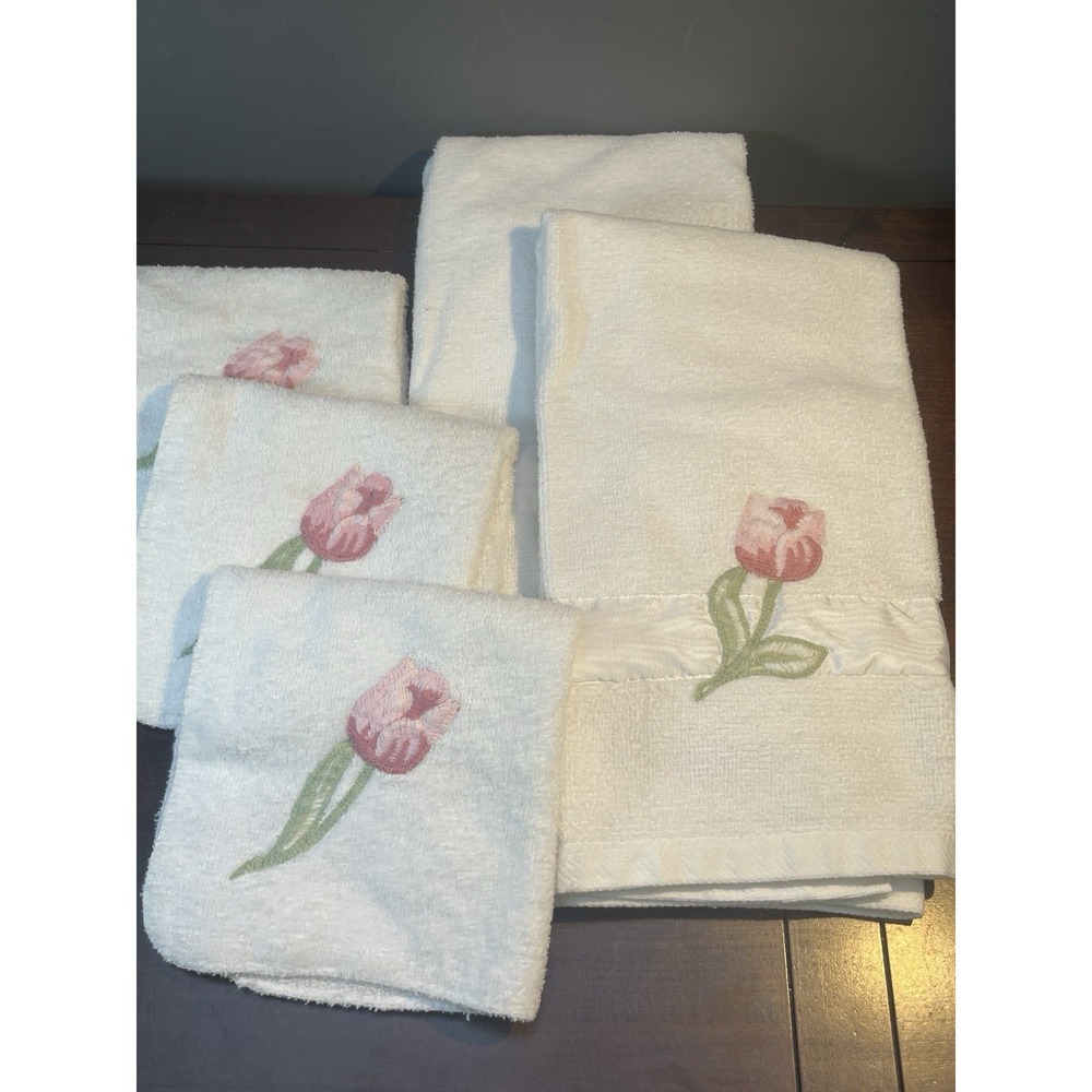 Vintage Kmart Martha Stewart Towel Set 2 Hand 3 Wash Clothes White Pink Rose